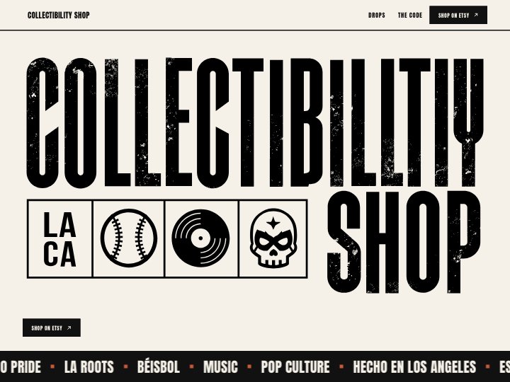 The Collectibility Shop homepage: the distressed wordmark beside its Los Angeles, baseball, vinyl and skull icons